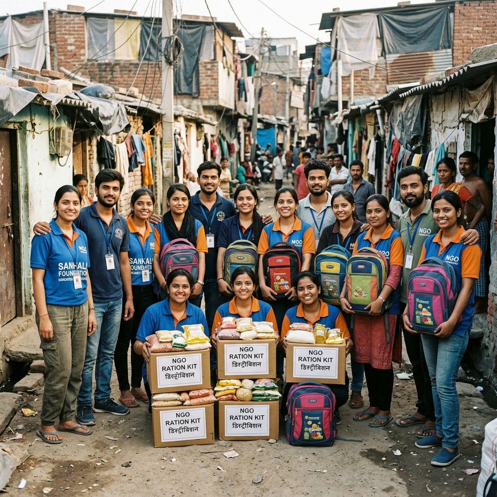 Community NGO volunteer team organizing food ration drive in Delhi NCR